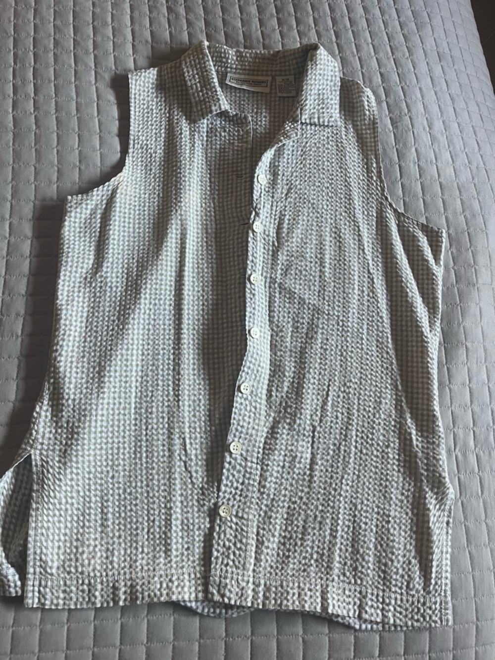Stephanie Rodger's Sleeveless Shirt Gingham 100% Cotton M Beige and White